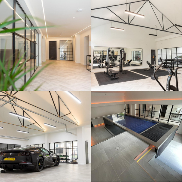 Private luxury barn — completed interior with car showroom, gym and pool